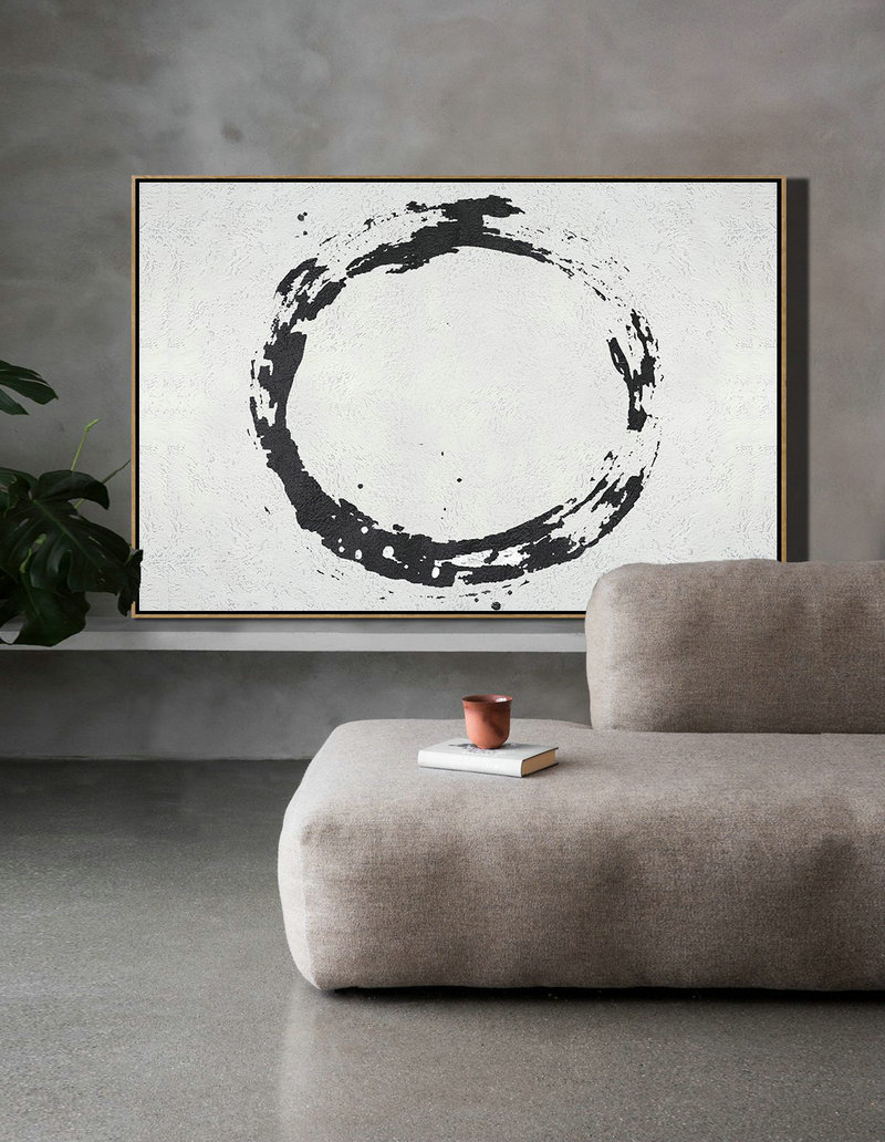 Acrylic Painting Large Wall Art,Oversized Horizontal Minimalist Circle Art On Canvas, Black And White Minimalist Painting - Canvas Wall Art
